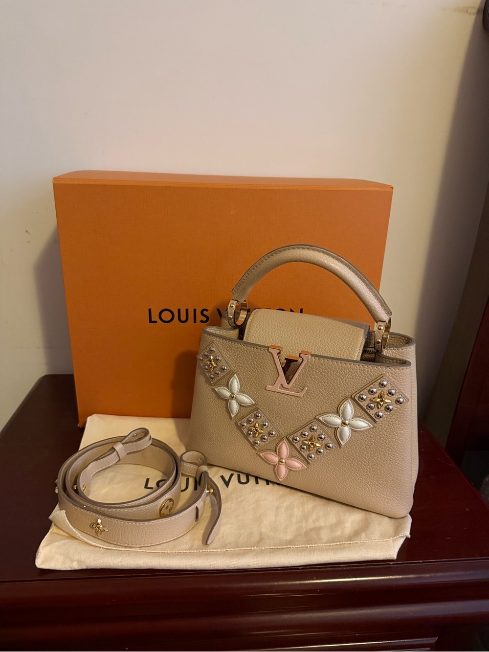 Louis Vuitton Beige Capucines Mini Satchel with Floral Stud Details - Picture 3 of 11